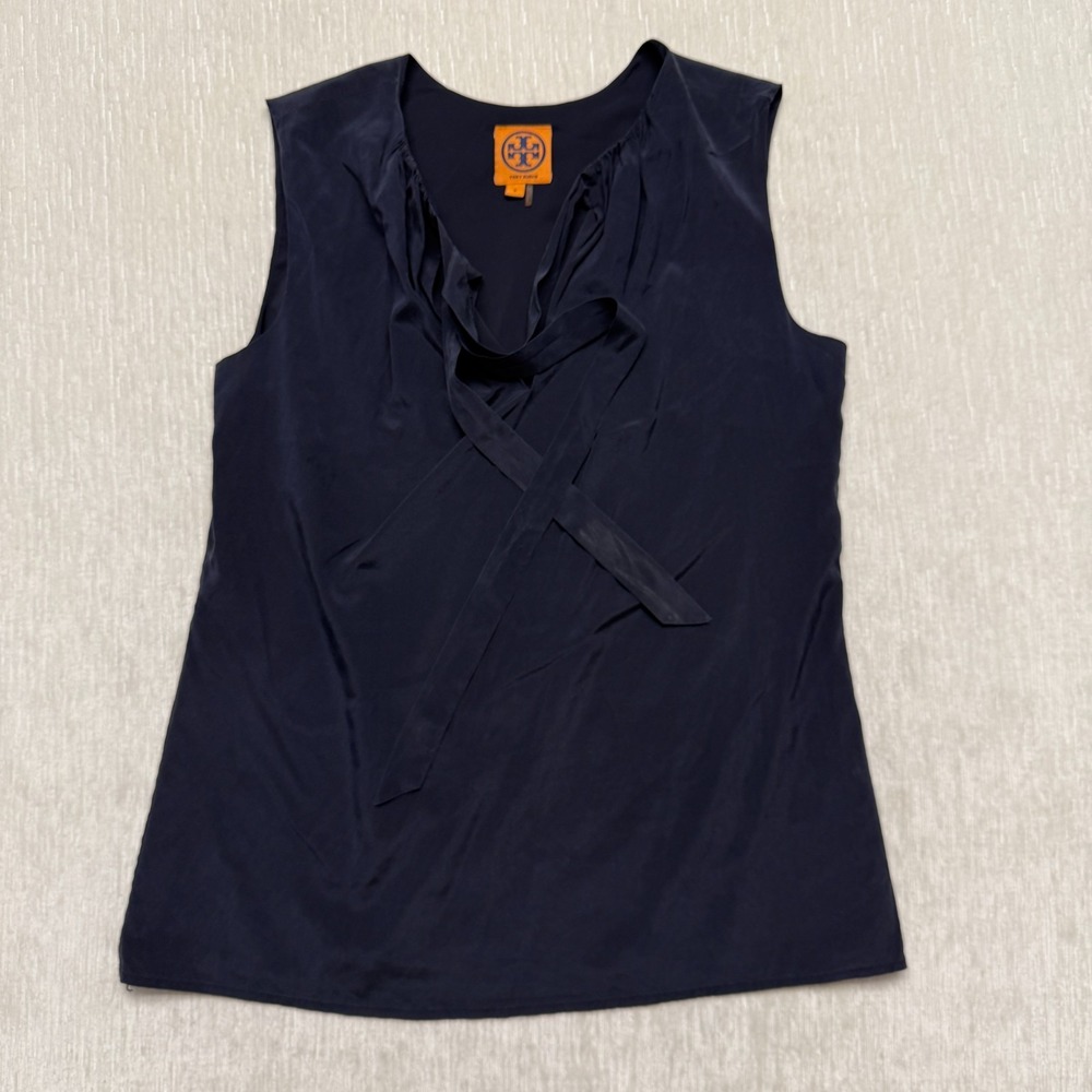 Tory Burch Silk Blouse Top Women 2 Navy Blue Sleeveless Ruffle Career Elegant